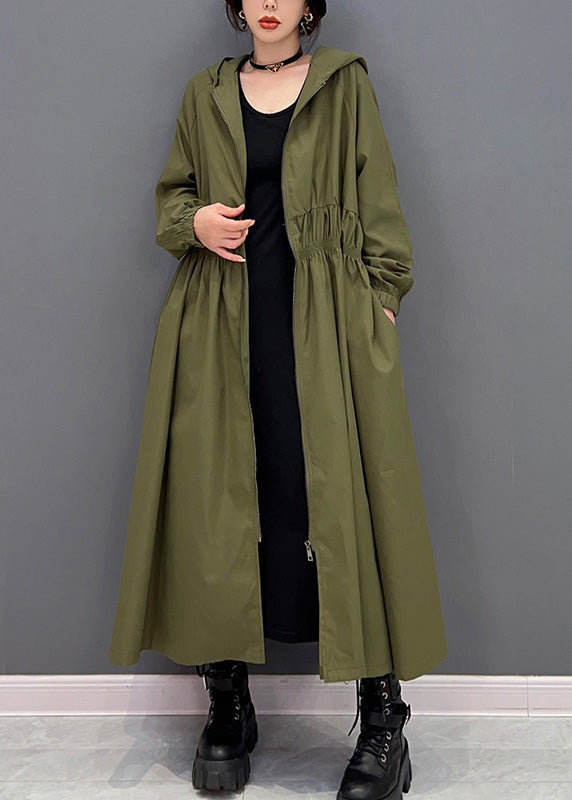 Women Green Zippered Wrinkled Hooded Long Trench Coats Spring