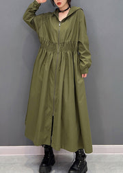 Women Green Zippered Wrinkled Hooded Long Trench Coats Spring