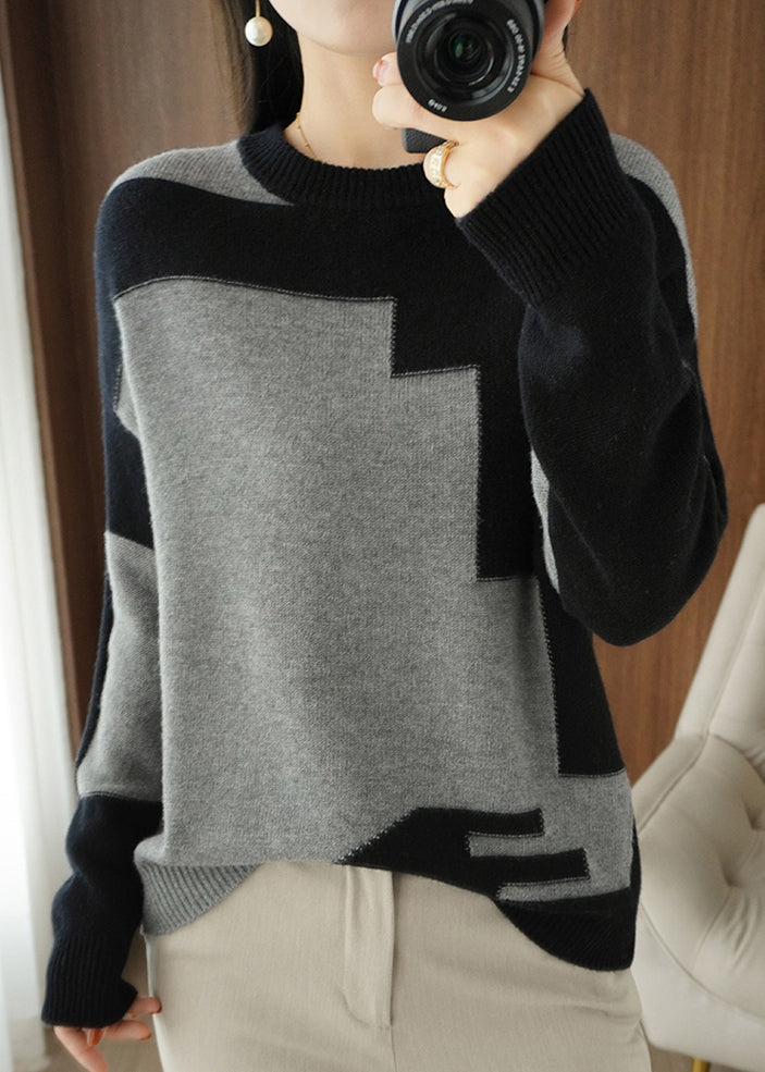 Women Grey Asymmetrical Patchwork Wool Knit Top Fall