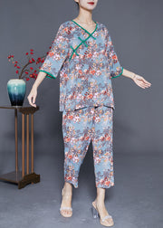 Women Grey Blue Chinese Button Print Silk Two Pieces Set Summer