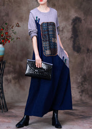 Women Grey Blue Patchwork Oriental Button Knit Sweater Dress Long Sleeve