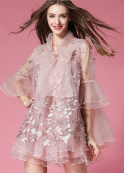 Women Grey Bow Embroideried Hollow Out Organza Dress Summer