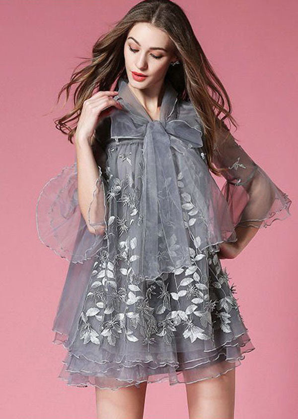 Women Grey Bow Embroideried Hollow Out Organza Dress Summer