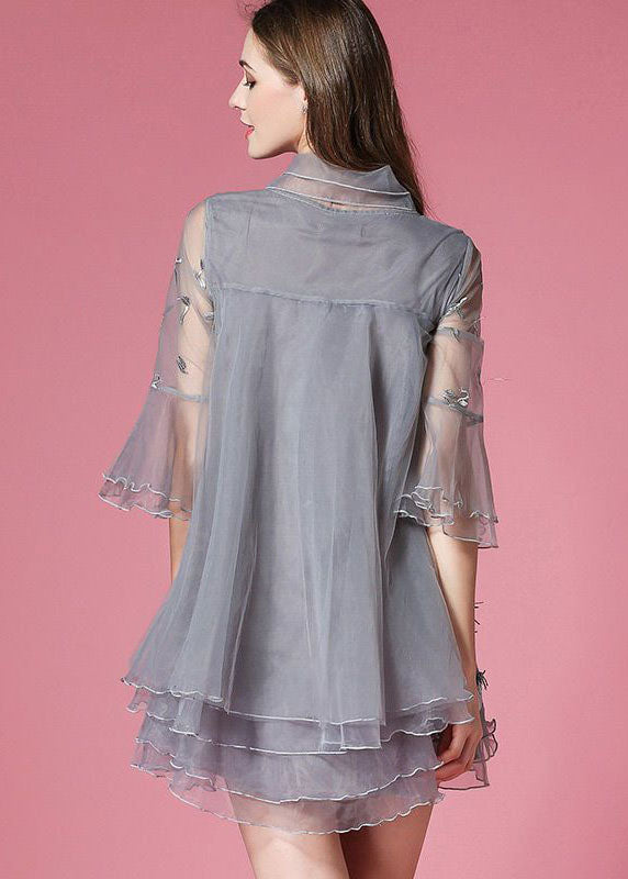 Women Grey Bow Embroideried Hollow Out Organza Dress Summer