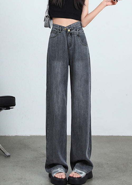 Women Grey Button High Waist Denim Pants Spring