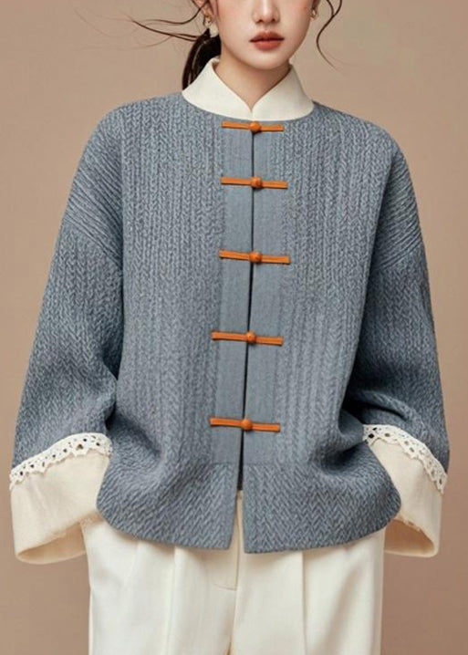 Women Grey Button Patchwork Cotton Coats Fall