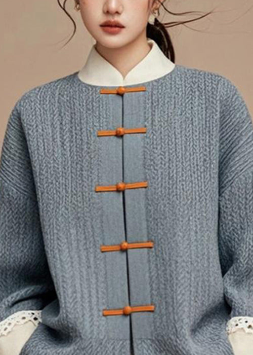 Women Grey Button Patchwork Cotton Coats Fall