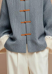 Women Grey Button Patchwork Cotton Coats Fall