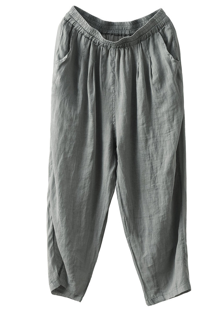 Women Grey Cozy Pockets High Waist Linen Harem Pants