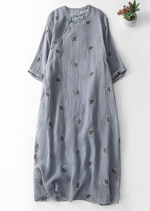 Women Grey Embroidered Button Cotton Dresses Half Sleeve