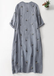 Women Grey Embroidered Button Cotton Dresses Half Sleeve