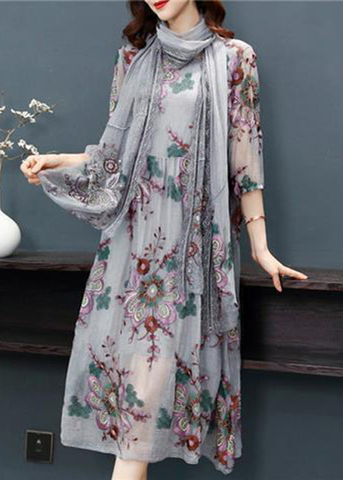 Women Grey Embroideried Scarf Silk Holiday Dress Bracelet Sleeve