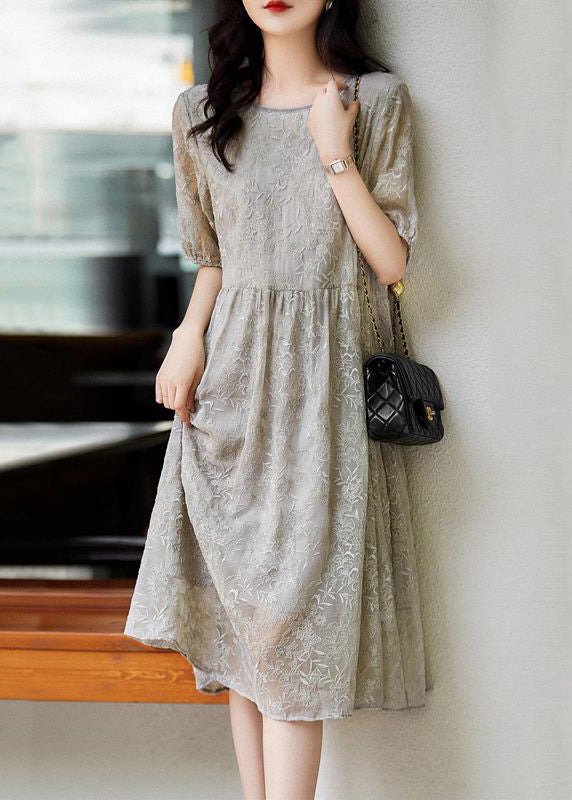 Women Grey Embroideried Wrinkled Patchwork Lace Dresses Summer