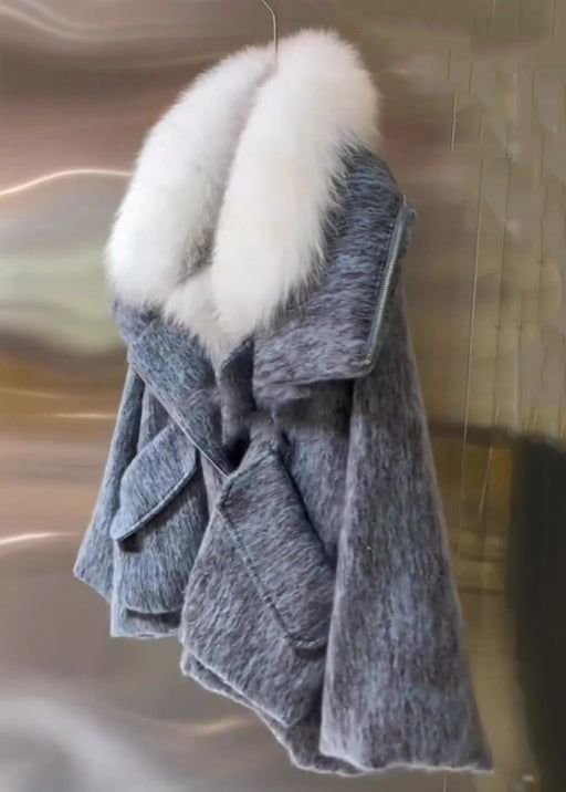 Women Grey Fur Collar Pockets Cotton Filled Coat Winter