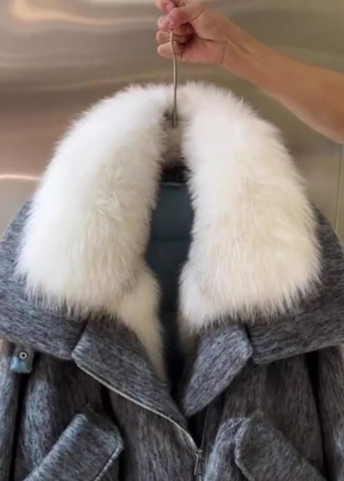 Women Grey Fur Collar Pockets Cotton Filled Coat Winter