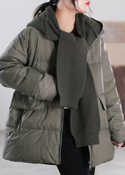 Women Grey Green Zippered Patchwork Removable Hooded Duck Down Down Coats Winter