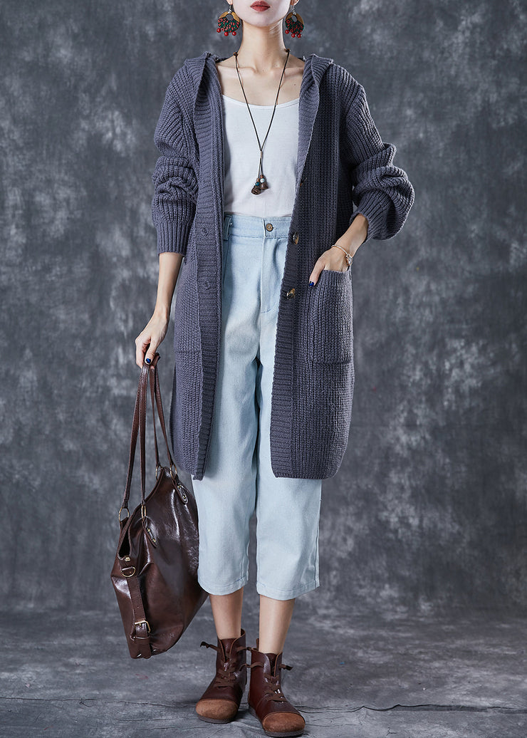 Women Grey Hooded Oversized Knit Cardigan Fall