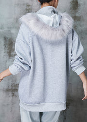 Women Grey Hooded Pockets Warm Fleece Sweatshirt Coats Spring