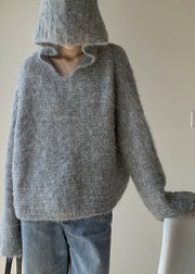 Women Grey Hooded Solid Cotton Knit Sweaters Winter