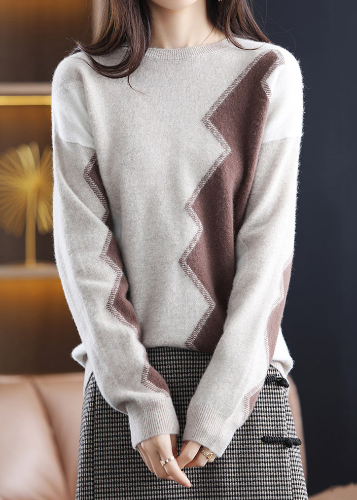 Women Grey O Neck Asymmetrical Patchwork Wool Sweaters Fall