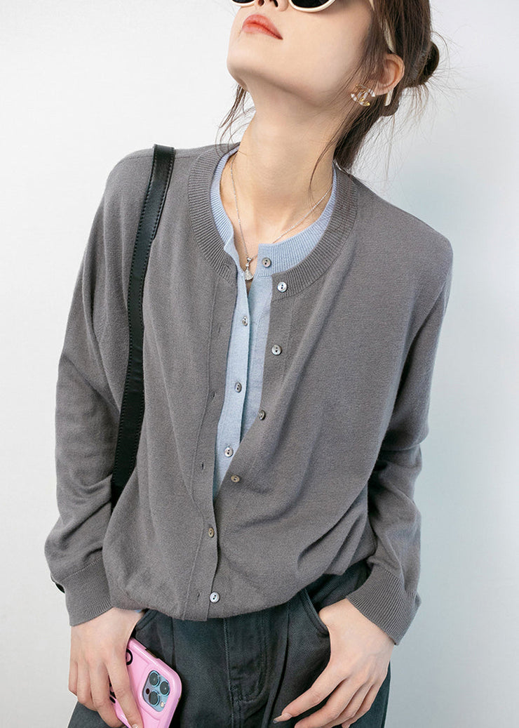 Women Grey O Neck Button Cotton Knit Coats Long Sleeve