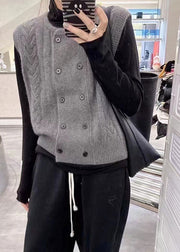 Women Grey O-Neck Button Cozy Wool Cable Knit Waistcoat Fall