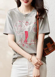 Women Grey O Neck Embroideried Patchwork Cotton T Shirt Summer