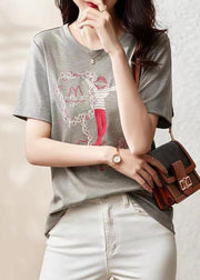 Women Grey O Neck Embroideried Patchwork Cotton T Shirt Summer