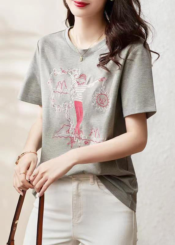 Women Grey O Neck Embroideried Patchwork Cotton T Shirt Summer