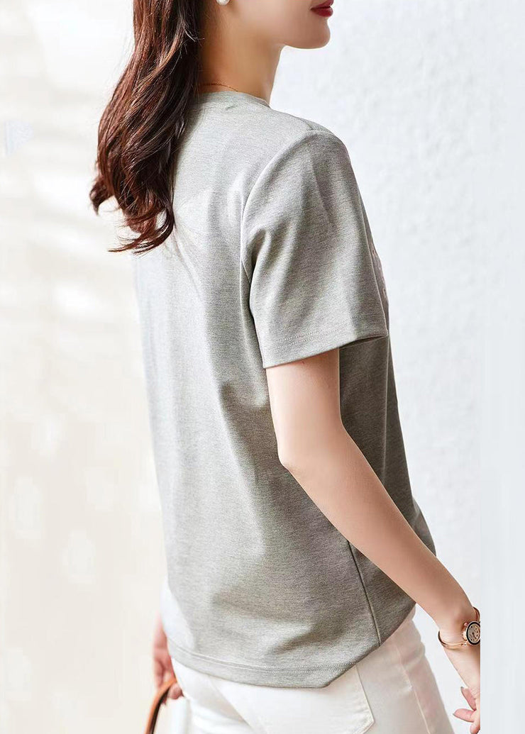 Women Grey O Neck Embroideried Patchwork Cotton T Shirt Summer