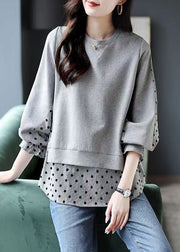 Women Grey O Neck False Two Pieces Patchwork Cotton Top Fall