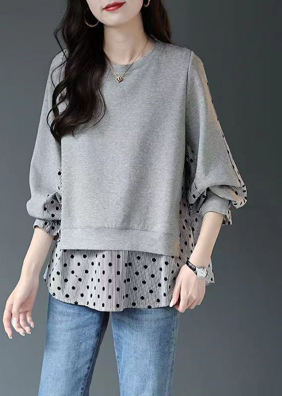 Women Grey O Neck False Two Pieces Patchwork Cotton Top Fall