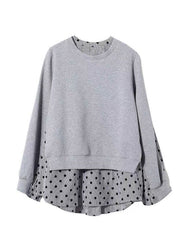 Women Grey O Neck False Two Pieces Patchwork Cotton Top Fall