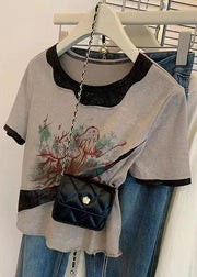 Women Grey O Neck Print Patchwork Cotton T Shirts Summer