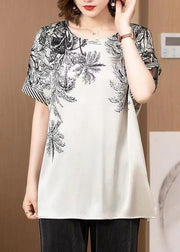 Women Grey O Neck Print Patchwork Silk T Shirt Short Sleeve