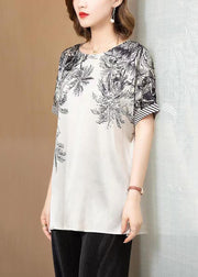 Women Grey O Neck Print Patchwork Silk T Shirt Short Sleeve