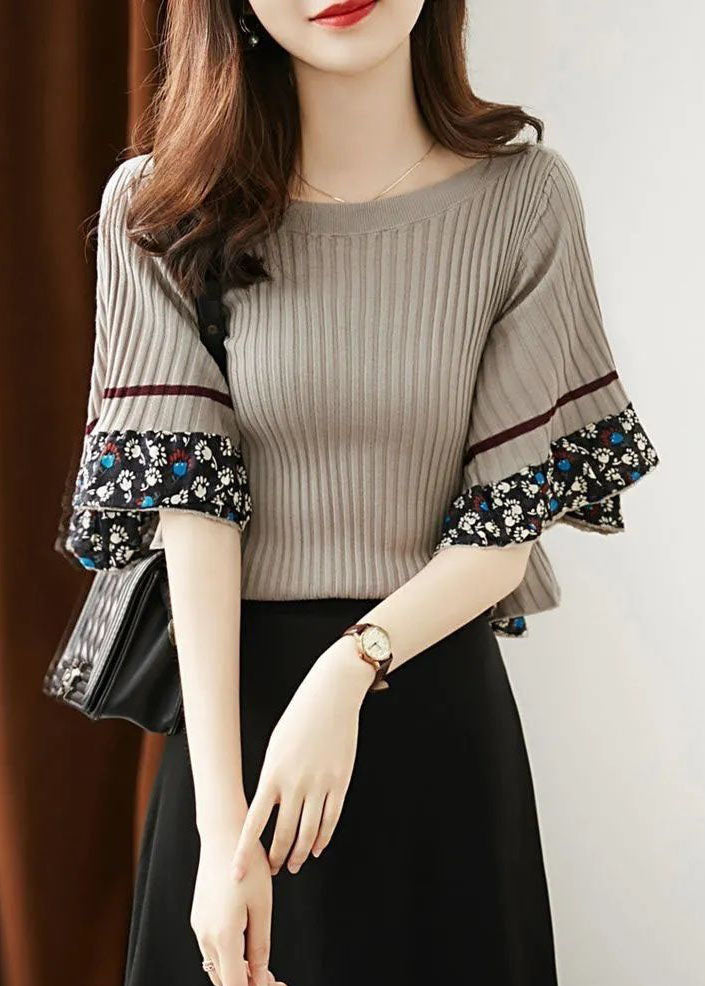 Women Grey O-Neck Thick Print Knit Sweater Tops Flare Sleeve