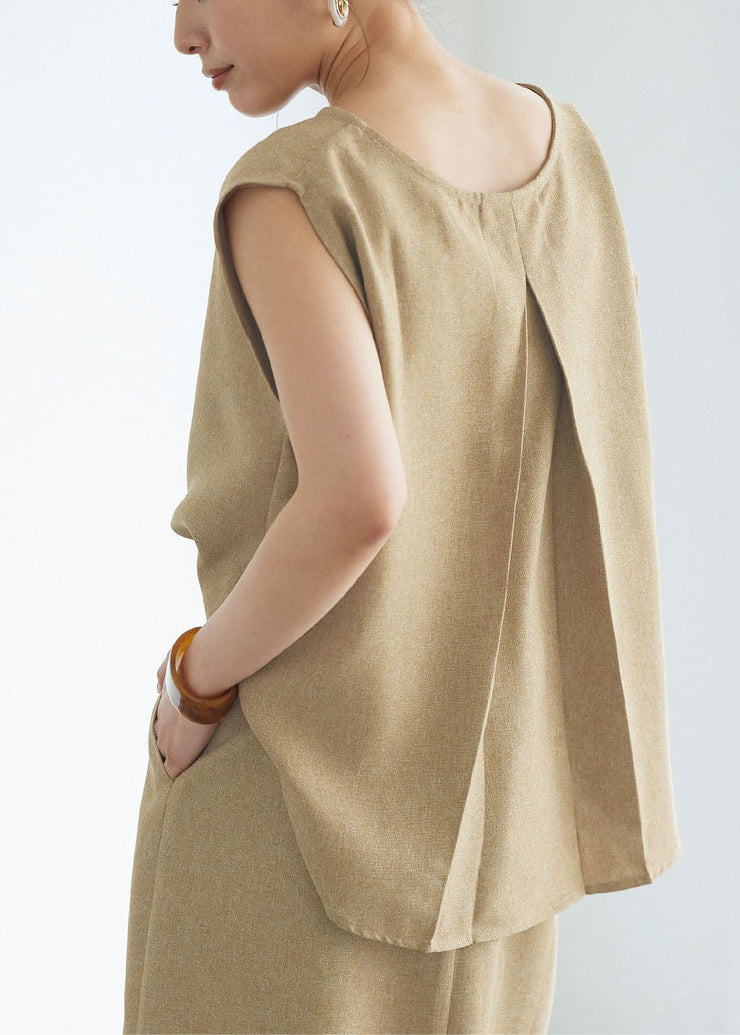 Women Grey O-Neck Wrinkled Linen Tops Sleeveless