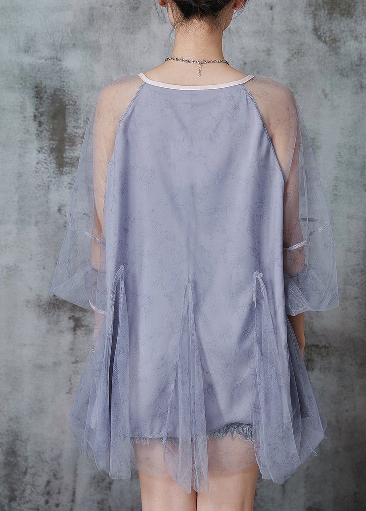 Women Grey Oversized Patchwork Tulle Top Summer