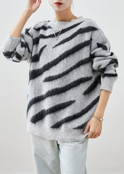 Women Grey Oversized Zebra Pattern Print Knit Short Sweater Fall