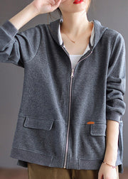 Women Grey Patchwork Cotton Hoodie Coat Spring