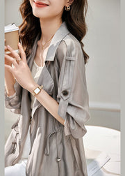 Women Grey Peter Pan Collar Drawstring Cotton Thin Coats Fall