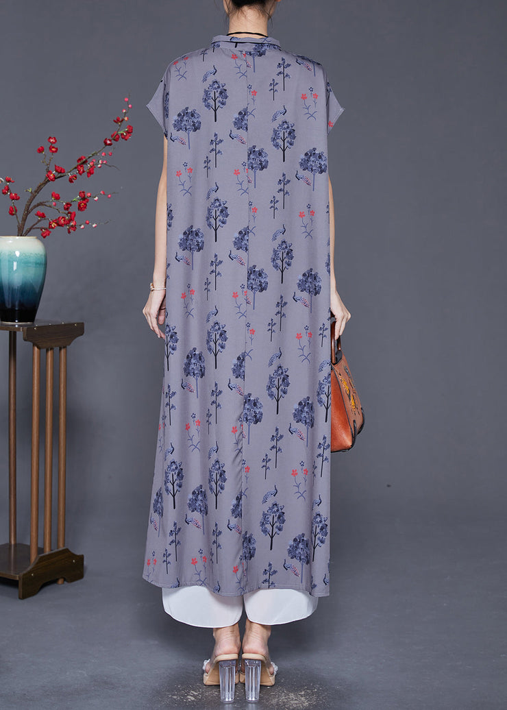 Women Grey Peter Pan Collar Print Silk Long Dress Summer