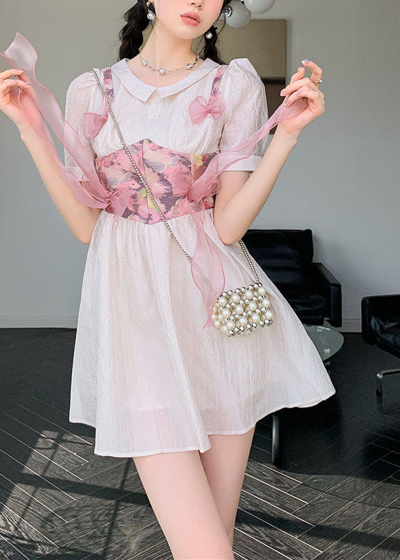 Women Grey Pink Bow Patchwork Print Silk Day Dress Summer