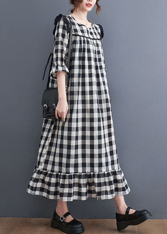 Women Grey Plaid Ruffled Patchwork Ruffles Cotton Dresses Summer