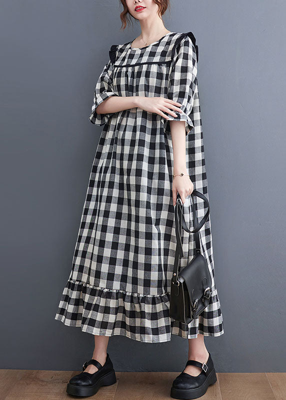 Women Grey Plaid Ruffled Patchwork Ruffles Cotton Dresses Summer