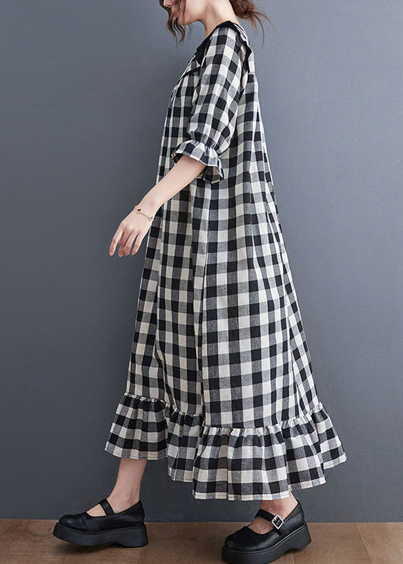 Women Grey Plaid Ruffled Patchwork Ruffles Cotton Dresses Summer