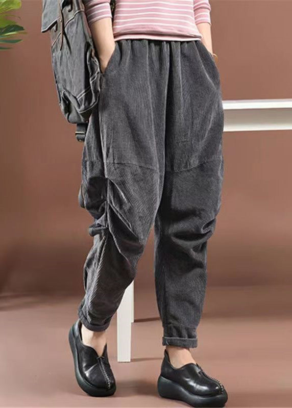 Women Grey Pockets Elastic Waist Corduroy Crop Pants Spring