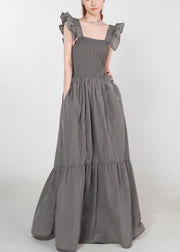 Women Grey Pockets High Waist Cotton Long Dress Summer