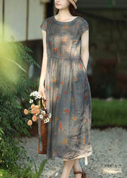 Women Grey Print Lace Up Pockets Linen Dresses Summer